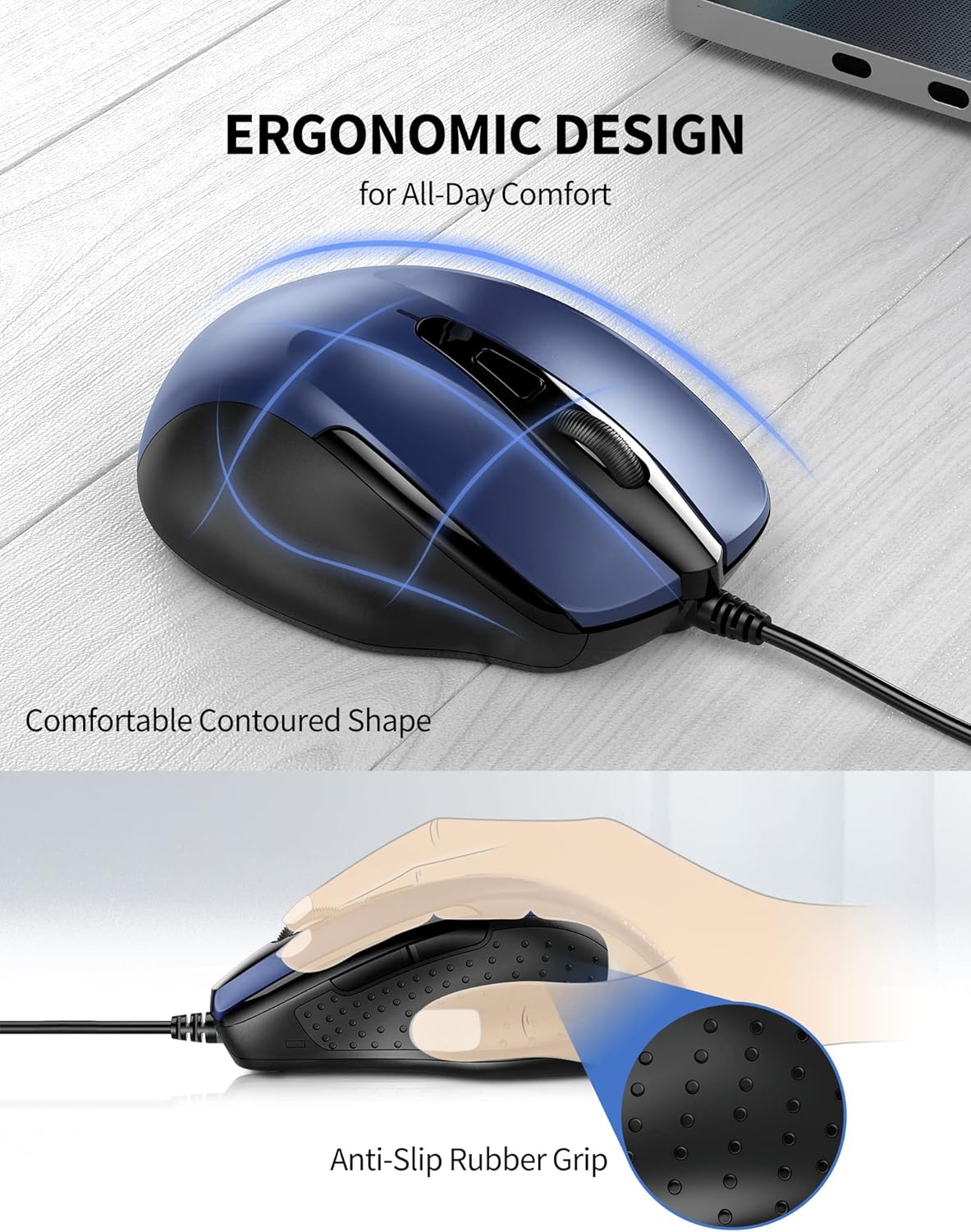 TECKNET USB Wired Mouse, 6-Button Corded Mouse with 4 Adjustable DPI, Optical Computer Mouse with Ergonomic Design and 5FT Cord for Laptop, Chromebook, PC, Desktop, Mac, Notebook-Blue