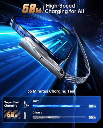 4-in-1 USB C Cable 5FT Compatible with Lightning Cable 90 Degree Fast Charging Flat Nylon Braided for iPhone/iPad Charger Cord Multi Charge Cord with L/USB C/USB A Ports, Grey