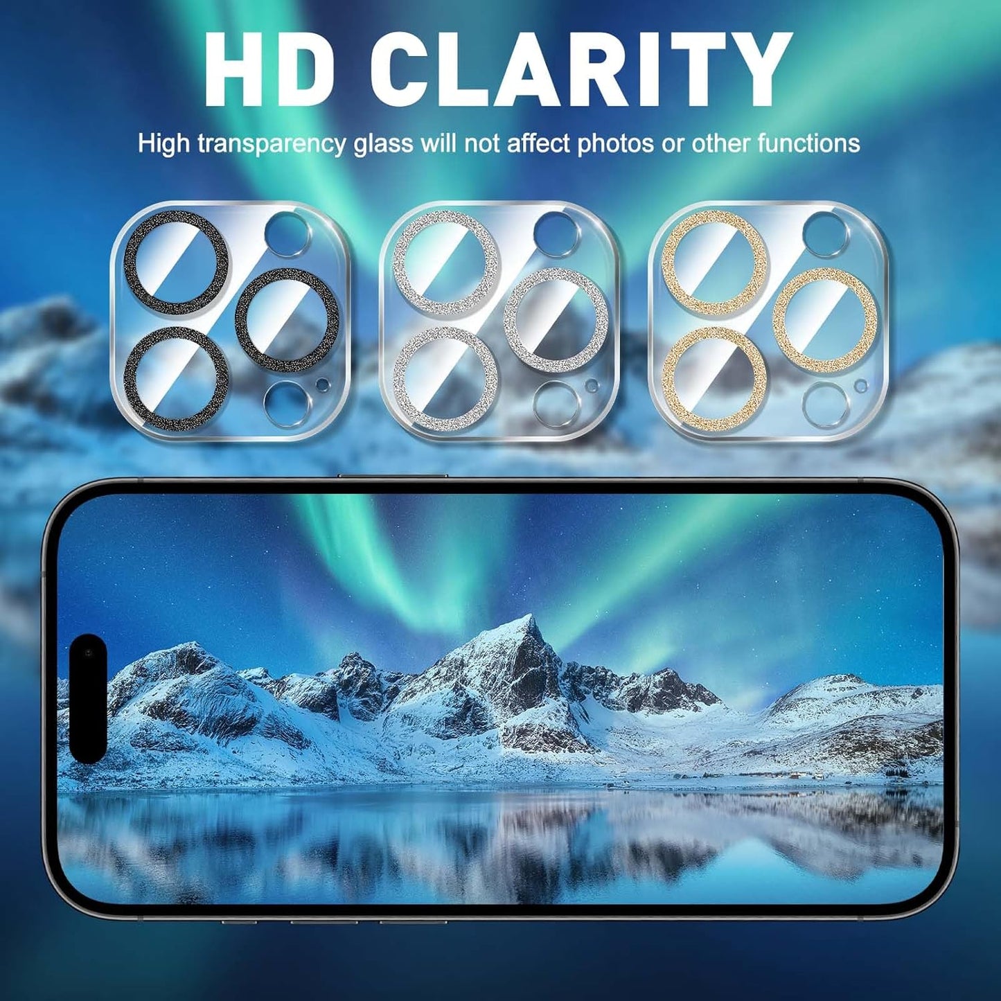 LucBuy 3PCS Sparkling Camera Lens Protector for iPhone 13 Pro/iPhone 13 Pro Max, Full Clear Acrylic Cover with Shiny Colorful Glitter Designed Decoration Back Camera Protector