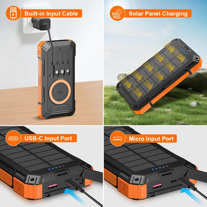 Solar Charger Power Bank 49800mAh Wireless Portable Phone Charger, 22.5W QC3.0 Fast Charging Built in 4 Cables with USB C 6 Outputs & 2 Inputs for Cell Phone Orange