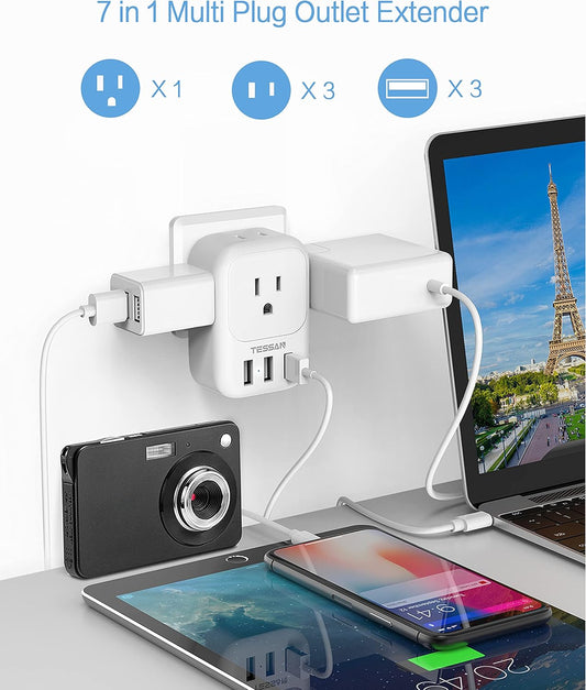 USB Charger Block, TESSAN Wall Plug Adapter with Electrical 4 Box Splitter 3 USB Wall Charger Ports, Multi Plug Outlet Extender Charging for Cruise, Travel, Office, Dorm Essentials, White