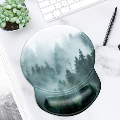 ITNRSIIET Ergonomic Mouse Pad with Gel Wrist Support Small Wrist Rest Smooth Surface Non-Slip PU Base Comfortable Office Supplies Pain Relief, 8.7 x 7.2 inches, Fog Forest
