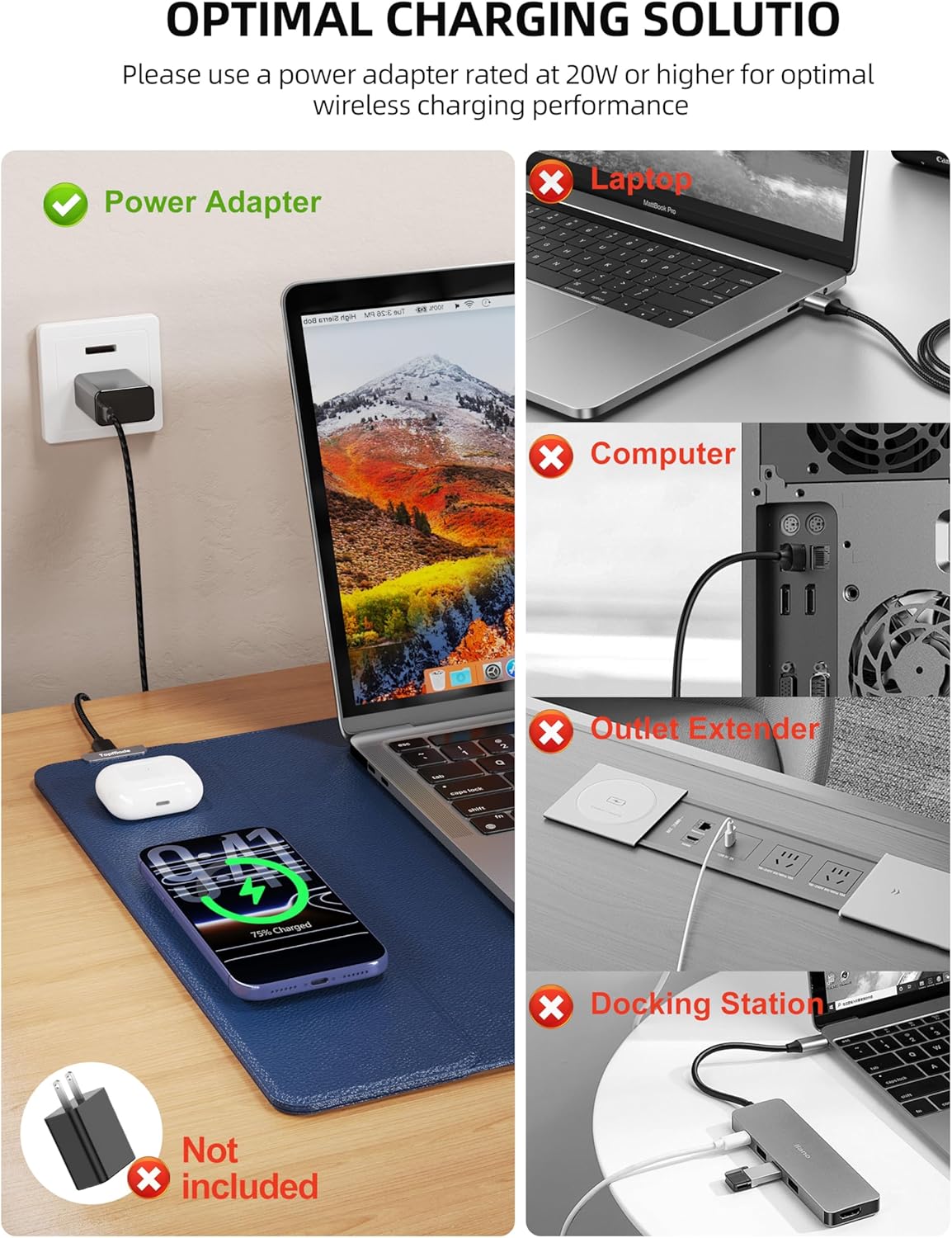 TopMade Mouse Pad with 15W Wireless Charging, XXL Large Leather Desk Mat, Waterproof Gaming Mousepad Home Office Desk Pad Protector, Computer Keyboard Pad, Mouse Mat for for MacBook, PC, Laptop, Blue