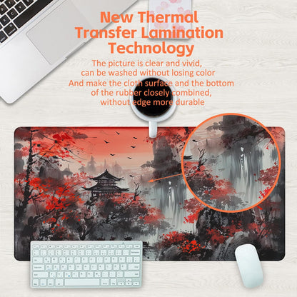 Desk Mat, Red Landscape Painting Desk Pad, Ink Painting Large Gaming Mouse Pad for Desk, 31.5"x15.7" Extended Big Computer Keyboard Mouse Pad with Non-Slip Base and Stitched Edge