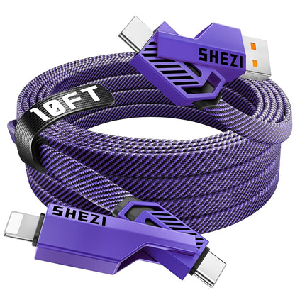 SHEZI [Upgraded 2.0] 4-in-1 Long USB C Cable 60W 10FT Fast Charging [480Mbps Data Sync] Flat Nylon Braided Charger Cord Combo, USB A/C to C/L Multi Charge Cable for iPhone/iPad & Most Devices, Purple