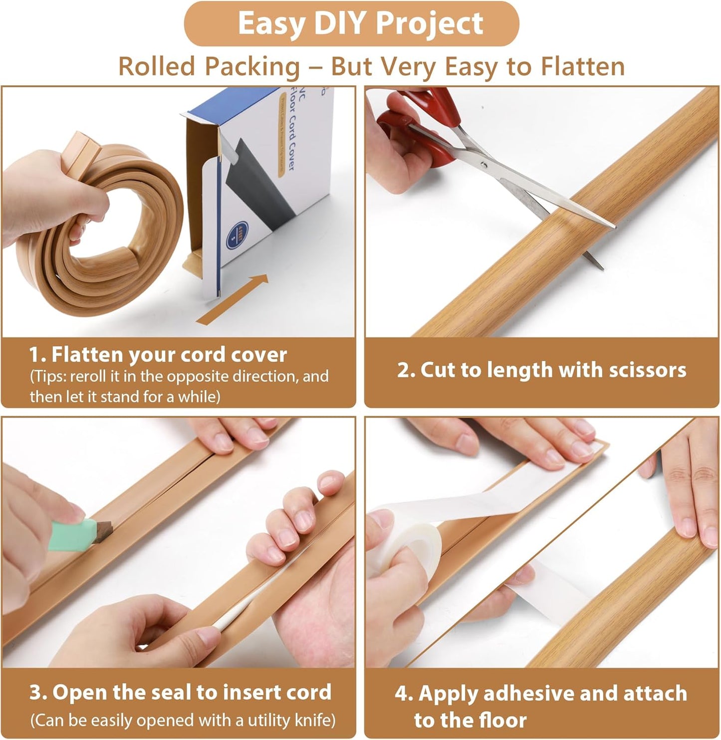 Floor Cord Cover 4ft, Cord Hider Floor Beige Maple Wood, Floor Cable Management Prevent Cable Trips, Floor Cable Cover Wire Covers for Electric Power Cords, Cord Protector Cord Cavity W0.47in xH0.28in