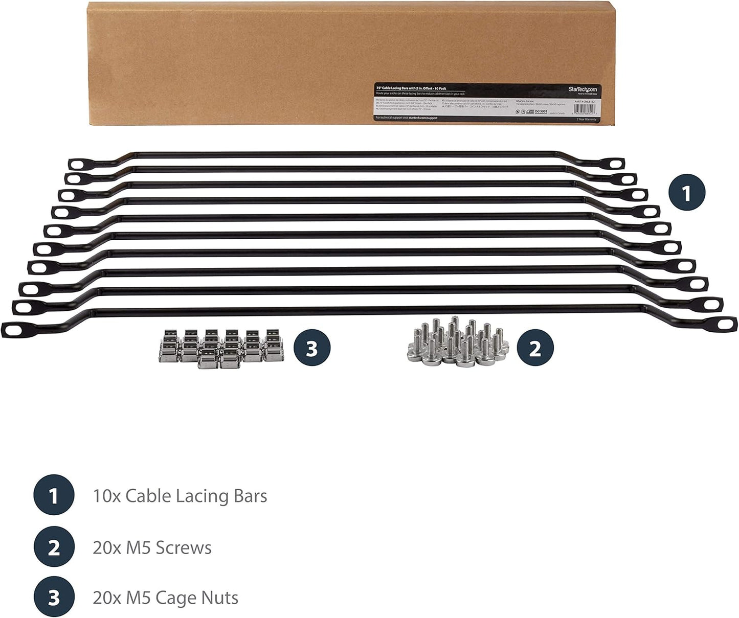 StarTech.com Horizontal Lacing Bar w/ 2 inch Offset at 75 Degrees- Server Rack Cable Management- 19" Network Rack-Mount Cord Organizer- 10pk , TAA (CMLB102)