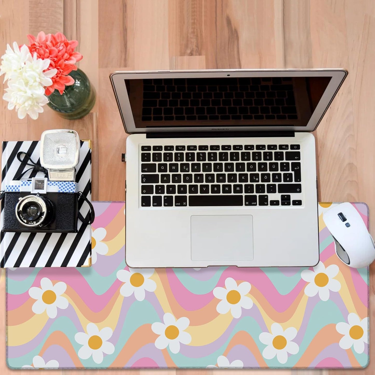 Large Mouse Pad Floral and Wavy Gaming Desk Pad Computer Keyboard Non-Slip Waterproof Mouse Mat with Rubber Base and Stitched Edges Entertainment Office Writing Desk Mat 35.4 x 15.7 Inches