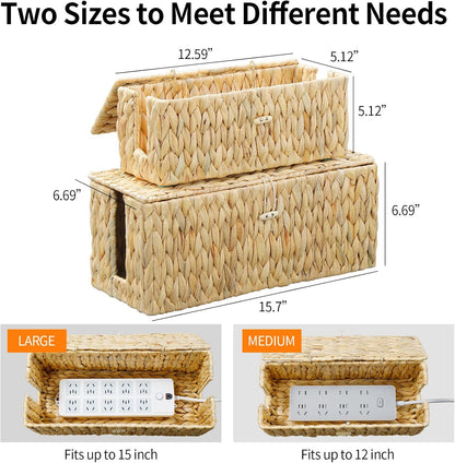 Cable Management Box,Hand-Woven Water Hyacinth Decorative Cord Organizer,2 Side Open Slots Wicker Cable Box to Hide Cords and Power Strip,for Desk, Floor, Office,2 Pack