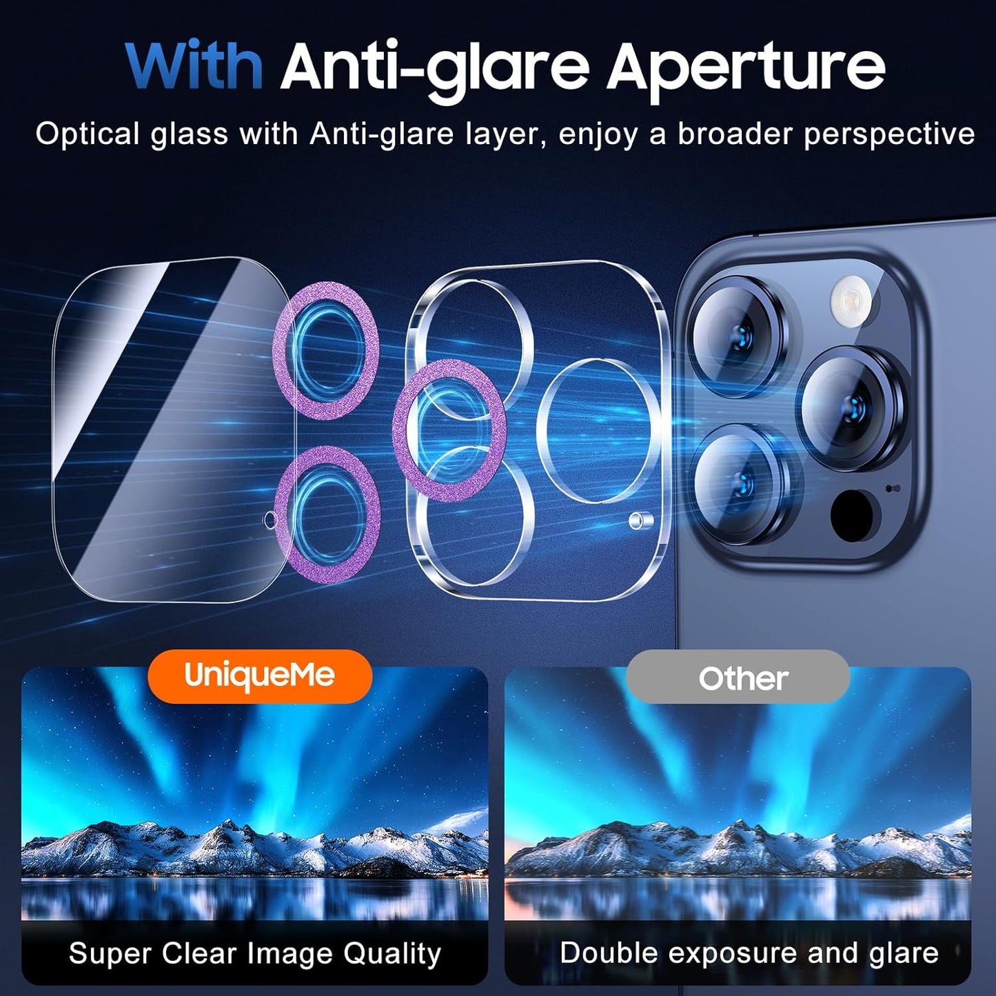 UniqueMe for 3 Pack iPhone 15 Pro/iPhone 15 Pro Max Camera Lens Protector, [Drop Protection] [Case Friendly] 9H Tempered Glass Camera Cover Screen [Update New Version] - Dark Purple
