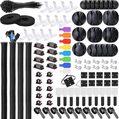 193 PCS Cable Management Kit - 4 Cable Sleeve, 57 Self Adhesive Cable Clips, 12 Hanging Strips, 12 Cable Organizer Straps and 100 Fastening Cable Ties for TV Computer Under Desk (Black)