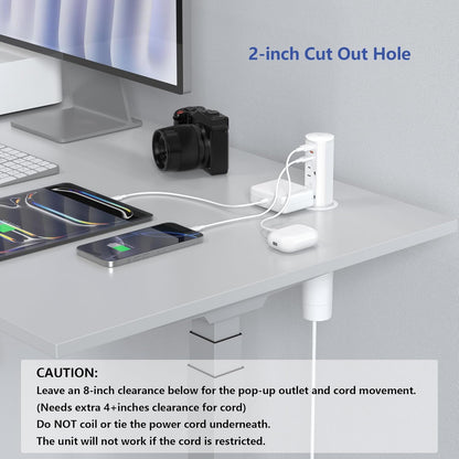 2 Inch Pop Up Outlet for Countertop,Power Grommet 2-inch Desk Wire Hole Insert,20W USB C,2 Outlets,2 USB C/1 USB A,Recessed Outlet,Desk Charging Station (White, 6 FT Cable)