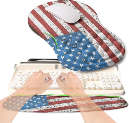 2-in-1 Ergonomic Set, Wave Rise Keyboard Wrist Rest and Massage Bulge Slope Mouse Pad Wrist Support, Cushion Memory Foam Integrated to Relieve Wrist Pain, American Flag