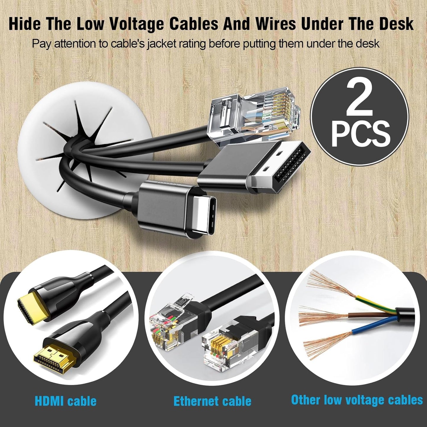 2" White Desk Grommet, JTemgle Flexible Cable Grommet Rubber Cable Hole Cover Wire Organizer Caps Desktop Cord Management for Home Office TV Stands Tabletops, 2 Pieces