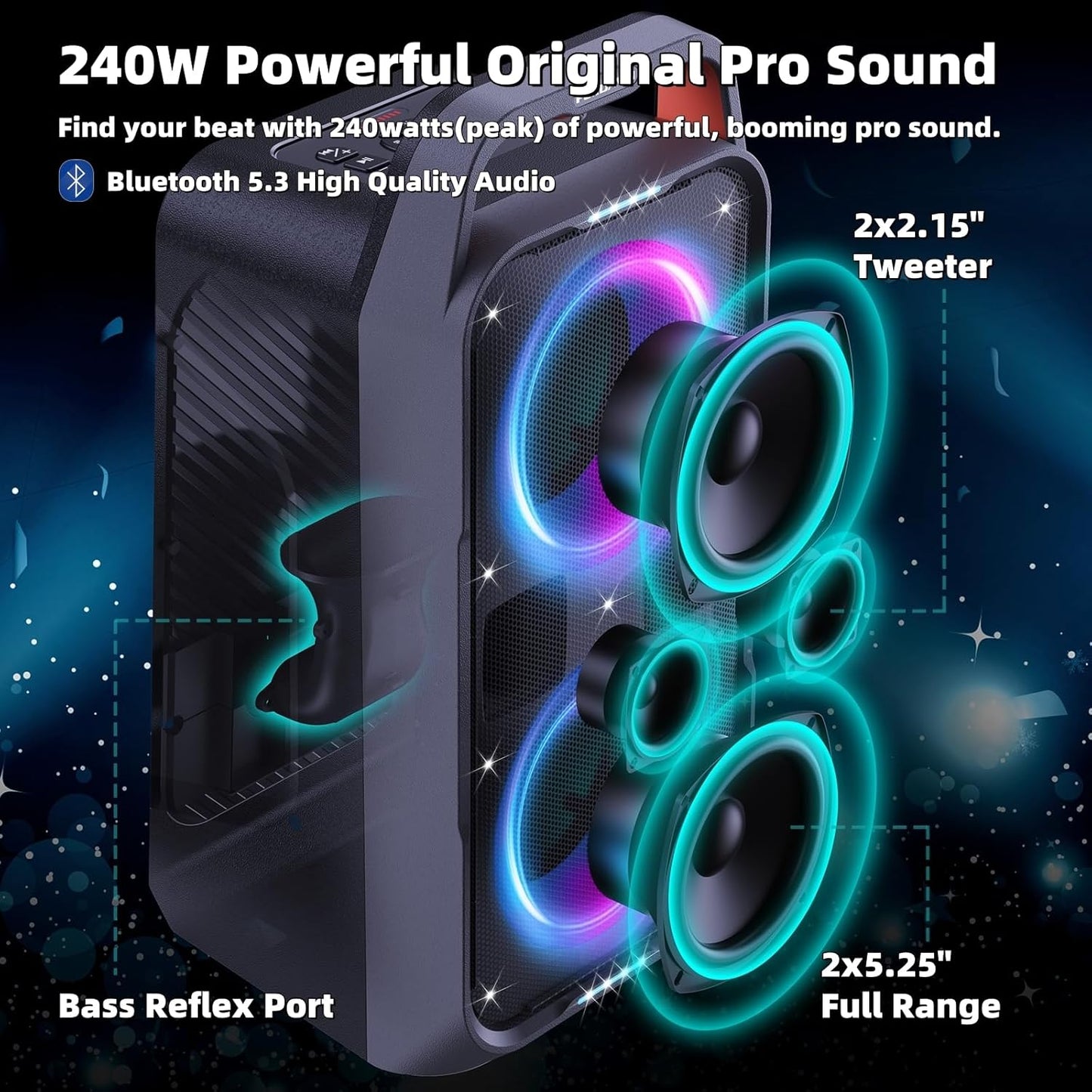 Portable Bluetooth Speaker: 240W Peak Powerful Loud Sound Deep Bass Wireless Boombox Large Subwoofer 15 Hours Battery Life Fast Charging with Led Light Show for Party Outdoor Camping Backyard
