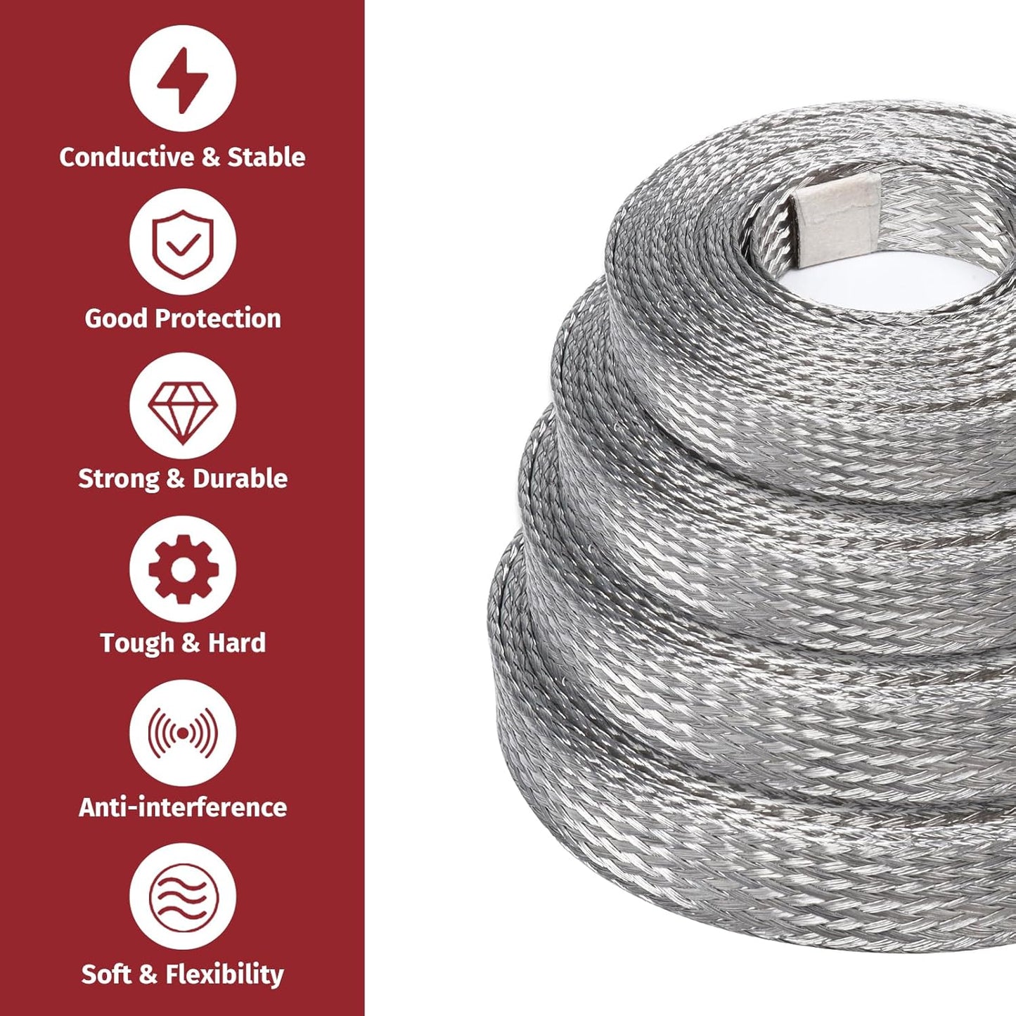 Tinned Copper Metal Braid Sleeving Wire Shielding Sleeve Braided Copper Ground Straps EMI/RFI Interference Expandable Flat Mesh Shielding Cable for Protect Wire (1/2inch-13ft)