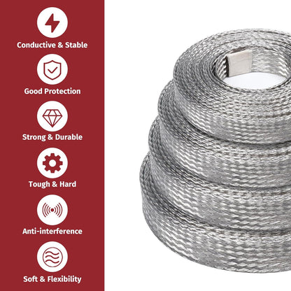 Tinned Copper Metal Braid Sleeving Wire Shielding Sleeve Braided Copper Ground Straps EMI/RFI Interference Expandable Flat Mesh Shielding Cable for Protect Wire (1/2inch-22ft)