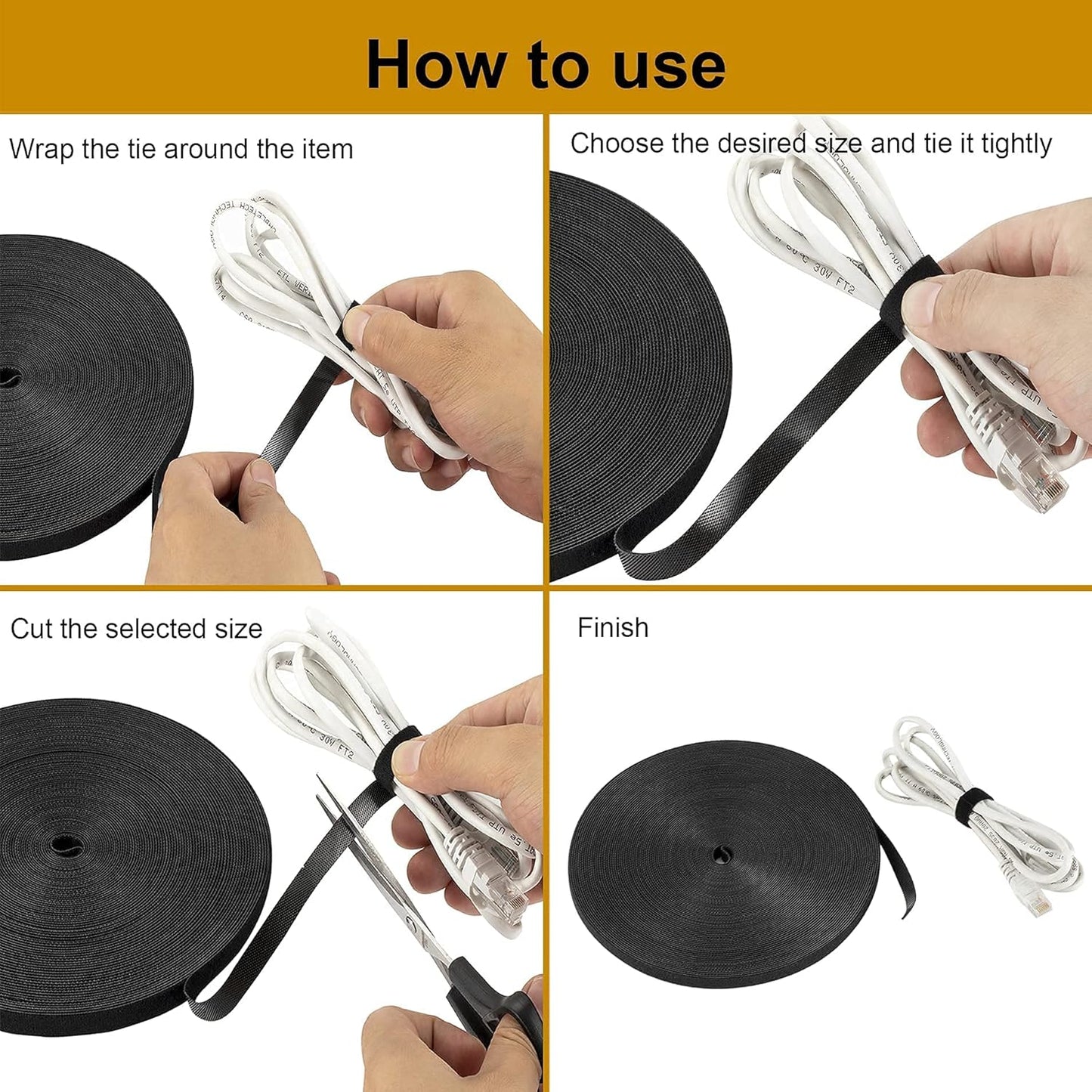 Xnakko 1cm Double Sided Hook and Loop Fastening Tape Reusable Cable Ties Nylon Fastening Tape Wire Manager for Home, Office (Black, 25Yard)