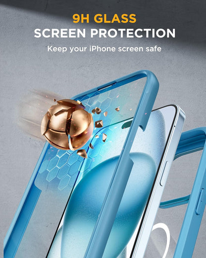 Miracase Glass Series for iPhone 15 Case [Compatible with MagSafe] Full-Body Magnetic Bumper Case with Built-in 9H Tempered Glass Anti-Fingerprint Screen Protector + Camera Lens Protector, Sea Blue