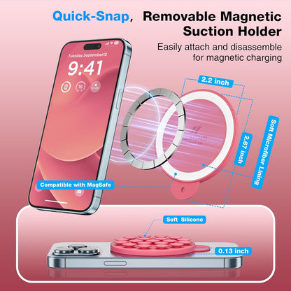 Magnetic Suction Cup Phone Mount for MagSafe Case, Silicone Hands-Free Grip Holder for iPhone and Android, Mirror Shower Phone Stand for Makeup FaceTime Gym Kitchen Bathroom, Camellia Red