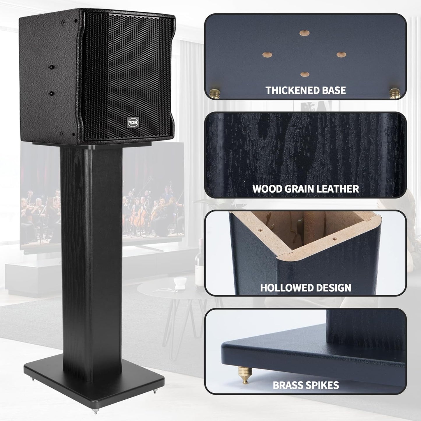 24 Inch Speaker Stands Wood Grain Universal Floor Speaker Stands Pair Heavy Duty Surround Sound Speaker Monitor Stand for Home Theater with Sand Filling Tuning Function - Black