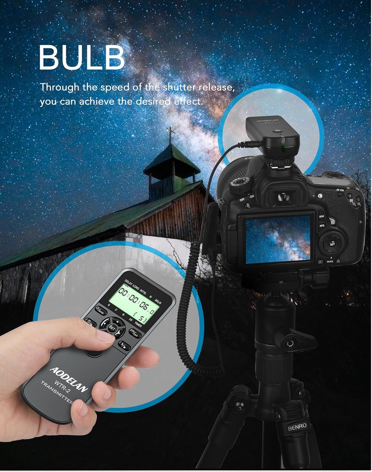 Wireless Timer Shutter Release Compatible with Canon Cameras, AODELAN Intervalometer Remote Control for R6 R 60D 70D 80D 600D M6 T6i; Replaces Canon RS-60E3, Fujifilm RR-100 and Olympus RM-CB2