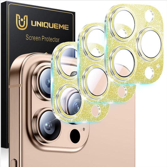 UniqueMe for 3 Pack iPhone 16 Pro/iPhone 16 Pro Max Camera Lens Protector - [Drop Protection] [Case Friendly] 9H Tempered Glass Camera Cover Screen [Update New Version] - Glitter Gold