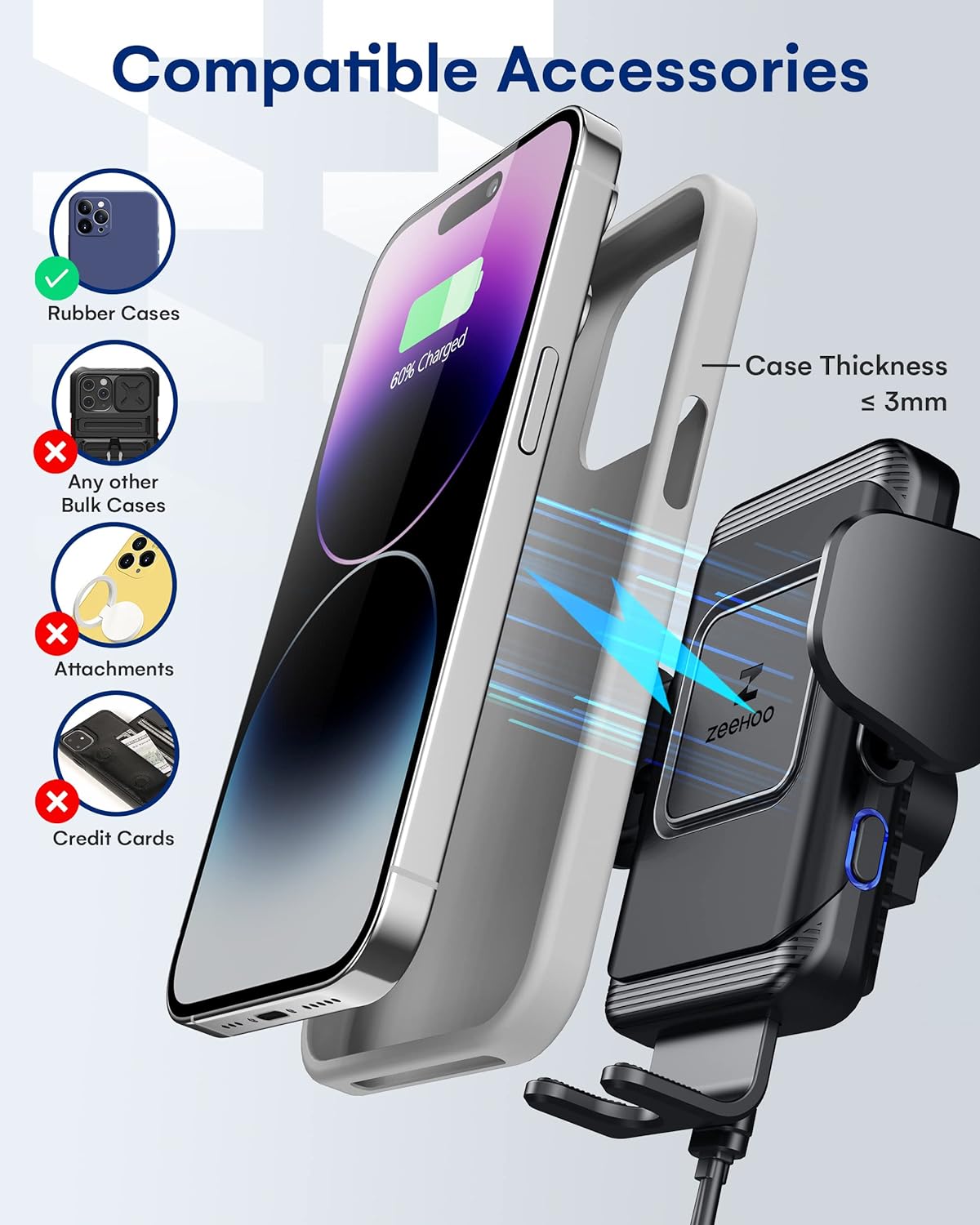 ZeeHoo Wireless Car Charger,15W Fast Charging Auto-Clamp Car Mount,Windshield Dash Air Vent Phone Holder for iPhone 14 13 12 Mini 11 Pro Max XS XR 8,S22 S21 S20(45W QC3.0 Adapter Included)