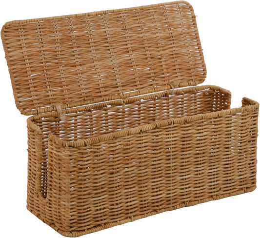 PEMAR Natural Rattan Wicker Cable Management Box, Cable Organizer, 2 Open Slots, Under Desk Cord Organizer, Cover & Hide Power Strips for TV Desk, Computer, Router, USB Hub (Natural Brown Color)