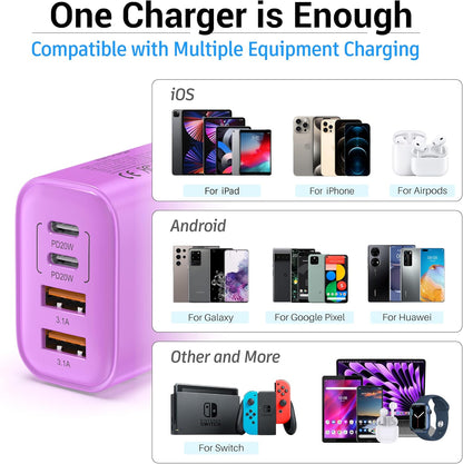 USB C Block 40W, 4 Ports Wall Plug Fast Charging Block, PD+QC Multiport Power Adapter USB C Charger Type C for iPhone 16,15,14,13,12,11, Pro Max, X, Xr, Xs, 8, 7, Watch, Galaxy Phones (Purple 1Pack)