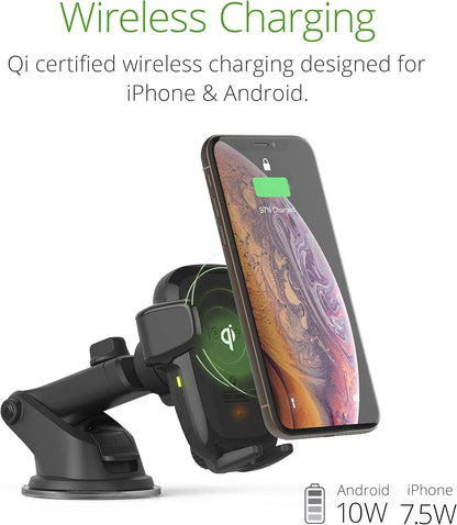 iOttie Auto Sense Qi Wireless Car Charger - Automatic Clamping Dashboard Phone Mount with Wireless Charging for Google Pixel, iPhone, Samsung Galaxy, Huawei, LG, and other Smartphones.