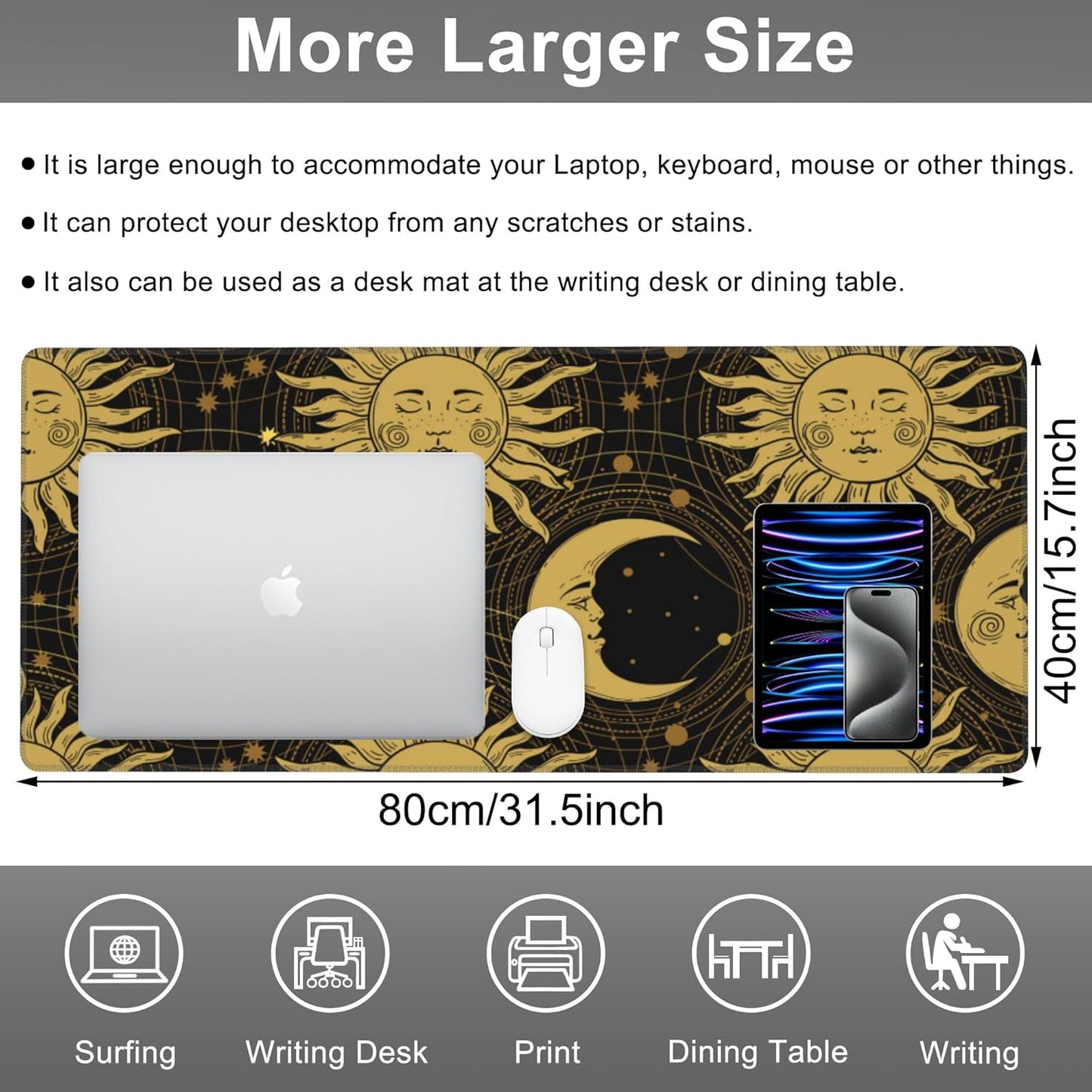 Mouse Pad, Large Golden Sun and Crescent Desk Mat, Extended Non-Slip Gaming Keyboard Mousepad Desk Pad, Thick Stitched Edges Waterproof Mouse Mat 31.5"x15.7" (Sun and Moon)
