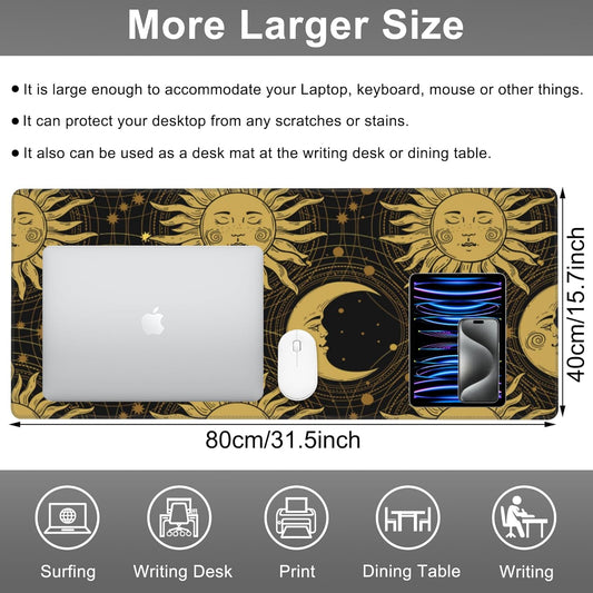 Mouse Pad, Large Golden Sun and Crescent Desk Mat, Extended Non-Slip Gaming Keyboard Mousepad Desk Pad, Thick Stitched Edges Waterproof Mouse Mat 31.5"x15.7" (Sun and Moon)