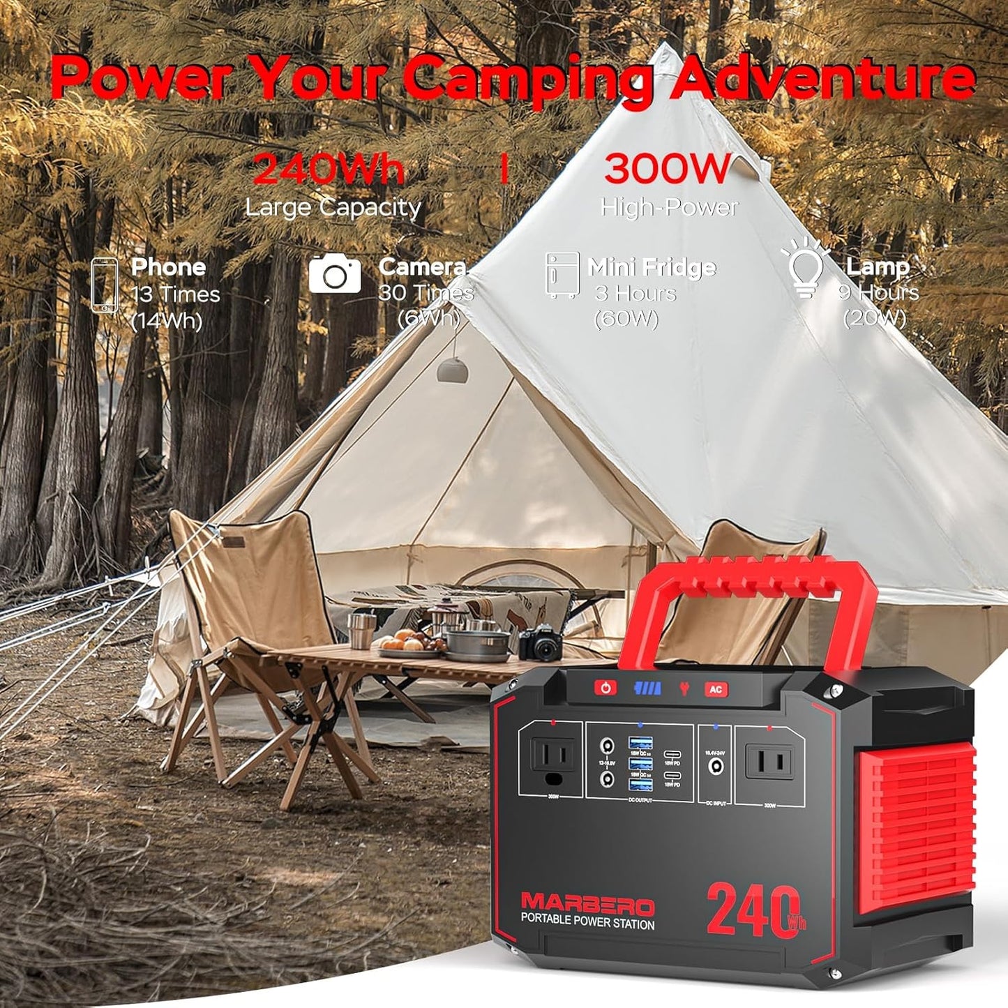 MARBERO Solar Generator 240Wh 300W Portable Power Station with Solar Panel 60W Included Backup Lithium Battery with AC Outlets for Camping Home Outdoor Emergency Hiking Travel