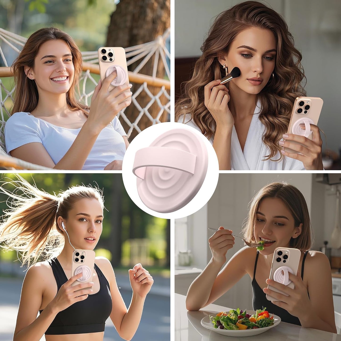 Magnetic Phone Ring Grip Holder, Silicone Finger Loop Grip, Compatible with MasSafe, Back of Phone for iPhone Pro Max/Plus/16/15/15/14/13/12 Series, Lovely Pink