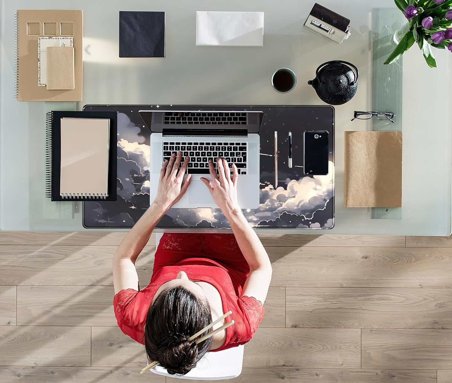 Black Anime Cloud Desk Mat XXL Large Gaming Mouse Pad Computer Laptop Mat, Extended Non-Slip Rubber Base Mousepad Keyboard and Mouse Mat, Night Sky Desk Pad with Stitched Edges, 31.5x15.75 in