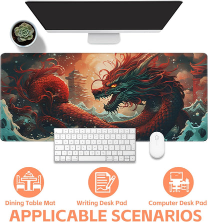 Mouse Pad Large Chinese Traditional Dragon Non-Slip Gaming Desk Mat with Stitched Edge Laptop Keyboard Desk Pad for Work Home Gaming (35.4 x 15.7 Inches)