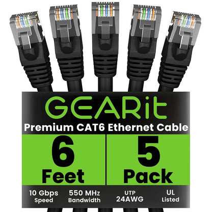 GEARit Cat 6 Ethernet Cable Pack - 5-Pack 6 ft Cat6 Ethernet Patch Cables | RJ45 Network Patch Cable, 10 Gbps Snagless Gold-Plated Connectors - Ethernet Cable Cat 6 for PC, TV, Router - Black