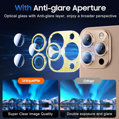 UniqueMe for 3 Pack iPhone 16 Pro/iPhone 16 Pro Max Camera Lens Protector - [Drop Protection] [Case Friendly] 9H Tempered Glass Camera Cover Screen [Update New Version] - Glitter Gold