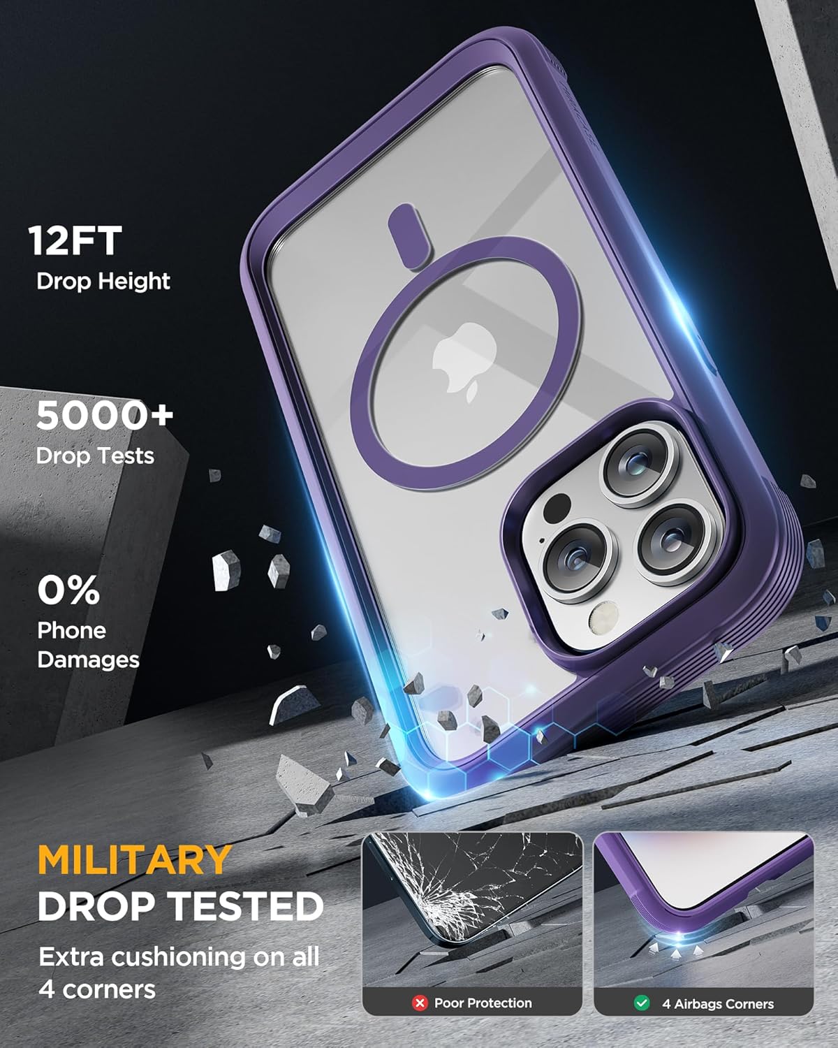 Miracase Magnetic for iPhone 12 Pro Max Case [Compatible with MagSafe] Full-Body Phone case with Built-in Glass Screen Protector& Camera Protector, Military Drop Proof 12 Pro Max Cover, Purple