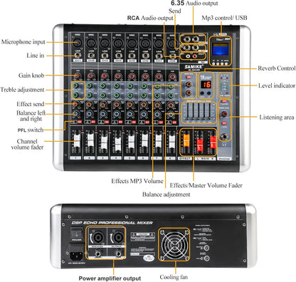 Mixers Audio 8 Channel Mixer Power Mixer Amplifier 2 * 300 Watt Output Dj Mixer Board with 16 Kinds of DSP Reverb Sound Mixers for Speakers