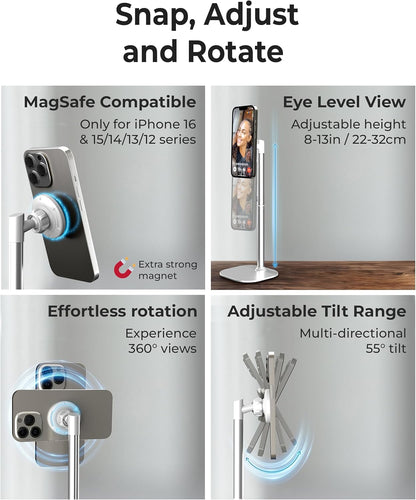 COOPER MagStand - Adjustable Magnetic iPhone Stand for Desk & Phone Holder for Video Recording, Compatible with MagSafe, Stand for iPhone 16 Pro Max, 15/14/13/12, Small Mag Safe Tripod (Cream White)