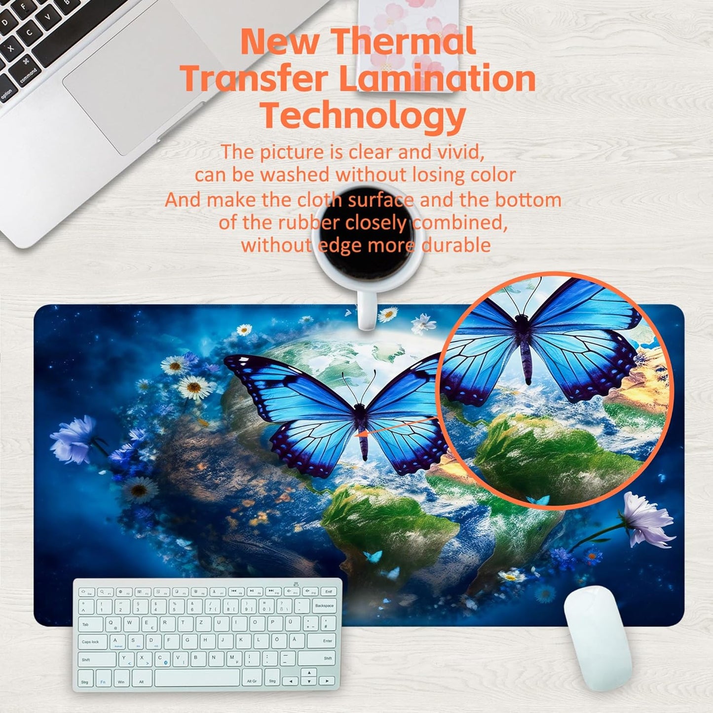 Desk Mat, Earth Surrounded by Flowers Desk Pad, Blue Butterfly Large Gaming Mouse Pad, 31.5"x15.7", Extended Big Computer Keyboard Mouse Pad with Non-Slip Base and Stitched Edge