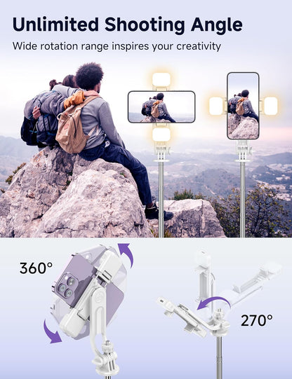 Selfie Stick Tripod with 2 Light, 3 Light Modes & 6 Brightness Levels Extendable Phone Tripod with Detachable Remote & Phone Holder, Portable Camera Tripod Compatible with iphone16 15 14 13/Android