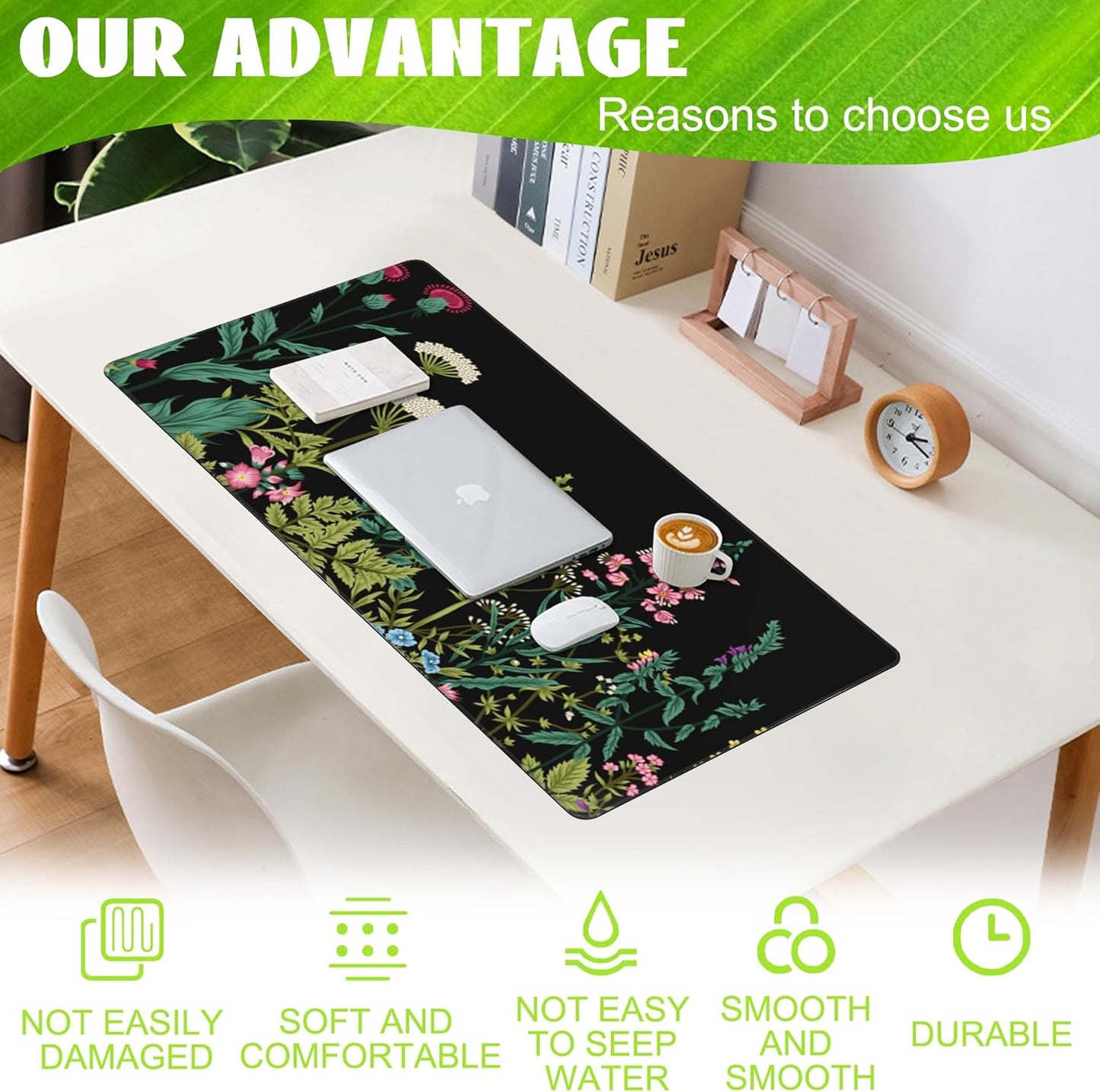 Large Gaming Mouse Pad for Desk,Wildflowers Night Desk Mat,Wild Floral Flower Desk Pad,Extended Big Computer Keyboard Mouse Pad with Non-Slip Base and Stitched Edge,35.4"x15.7"