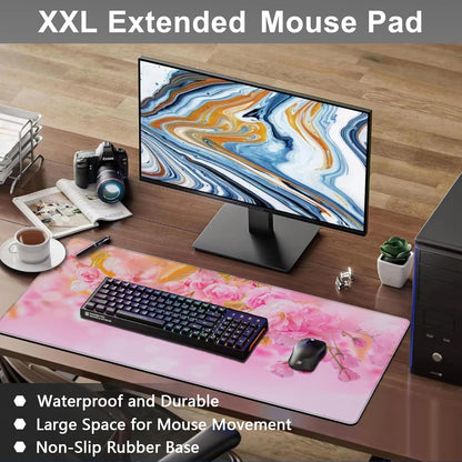 Mouse Pad, Large Pink Sakura and Butterfly Desk Mat, Extended Non-Slip Gaming Keyboard Mousepad Desk Pad, Thick Stitched Edges Waterproof Mouse Mat 31.5"x15.7" (Blossoming Cherry Flowers)