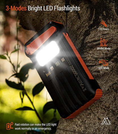 Solar Power Bank 20000mAh Built in Hand Crank and 4 Cables 22.5W Fast Charge Power Bank 5 Outputs & 5 Inputs Solar Portable Charger, SOS/Strobe/Strong Flashlights, Carabiner (Orange)