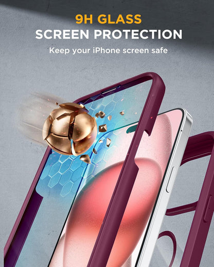 Miracase Glass Series for iPhone 15 Case [Compatible with MagSafe] Full-Body Magnetic Case with Built-in 9H Tempered Glass Anti-Fingerprint Screen Protector + Camera Lens Protector, Wine Red