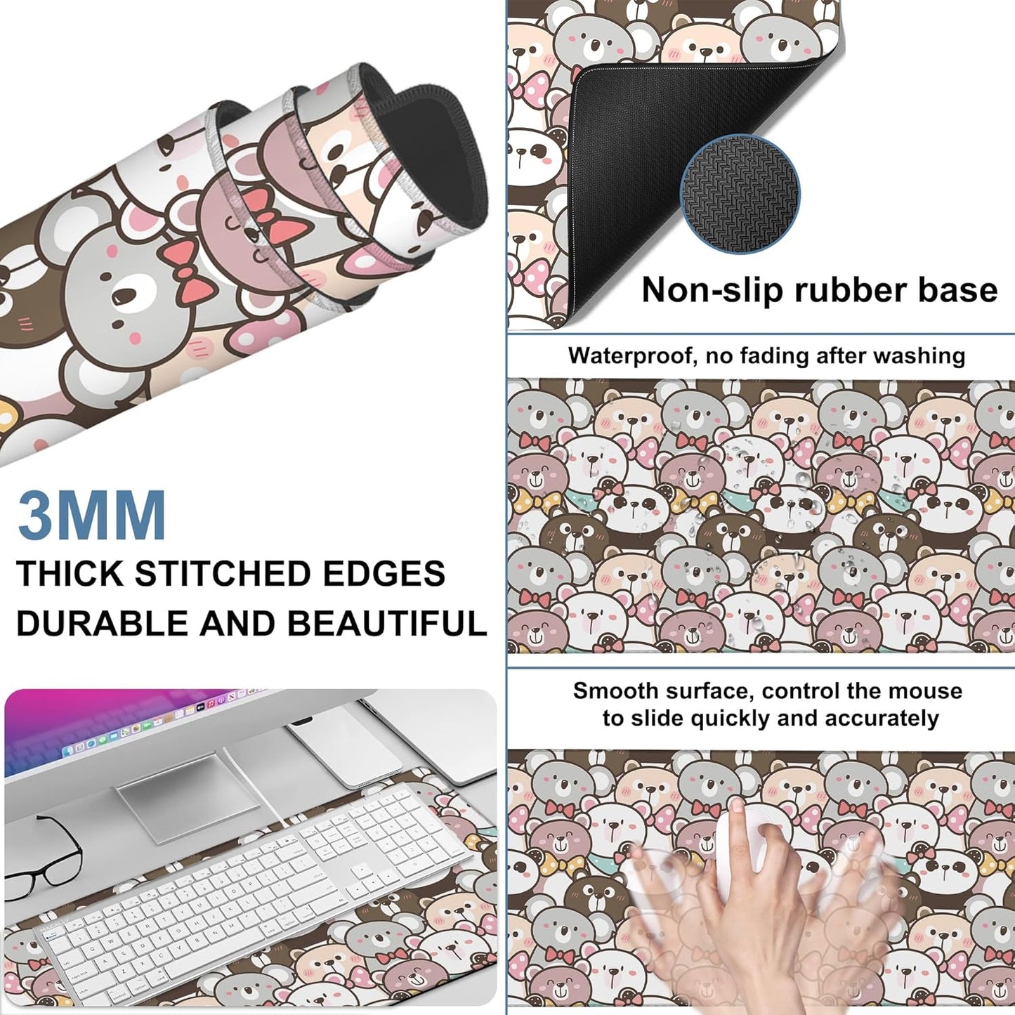 Gaming Desk Pad Large Extra Length Panda and Koala Mouse Pad Keyboard Laptop Non-Slip Waterproof with Rubber Base Thick Stitched Edge Mouse Mat for Office Home 35.4 x 15.7 Inches