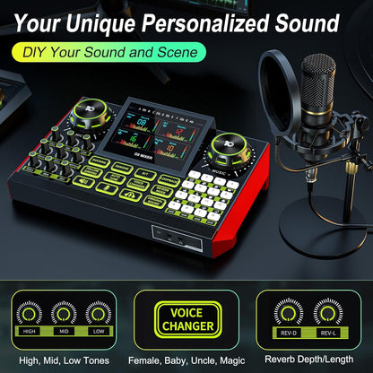 Podcast Microphone Bundle with Live Sound Card Audio Mixer, Podcast Equipment Bundle Sound Board with 3.5mm Condenser Microphone for Pc/Phone Live Streaming Singing Gaming,Voice Changer, Denoise